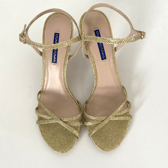 Stuart Weitzman Starla Gold Sandal 3.5"Slim Heel Open Toe Glitter Ankle Strap 10 - Picture 4 of 10